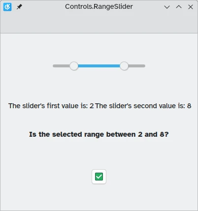 A window showing a range slider, followed by a few labels underneath and a button with a checkmark icon