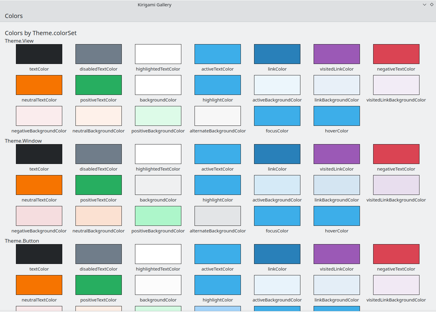 The Colors component in Kirigami Gallery